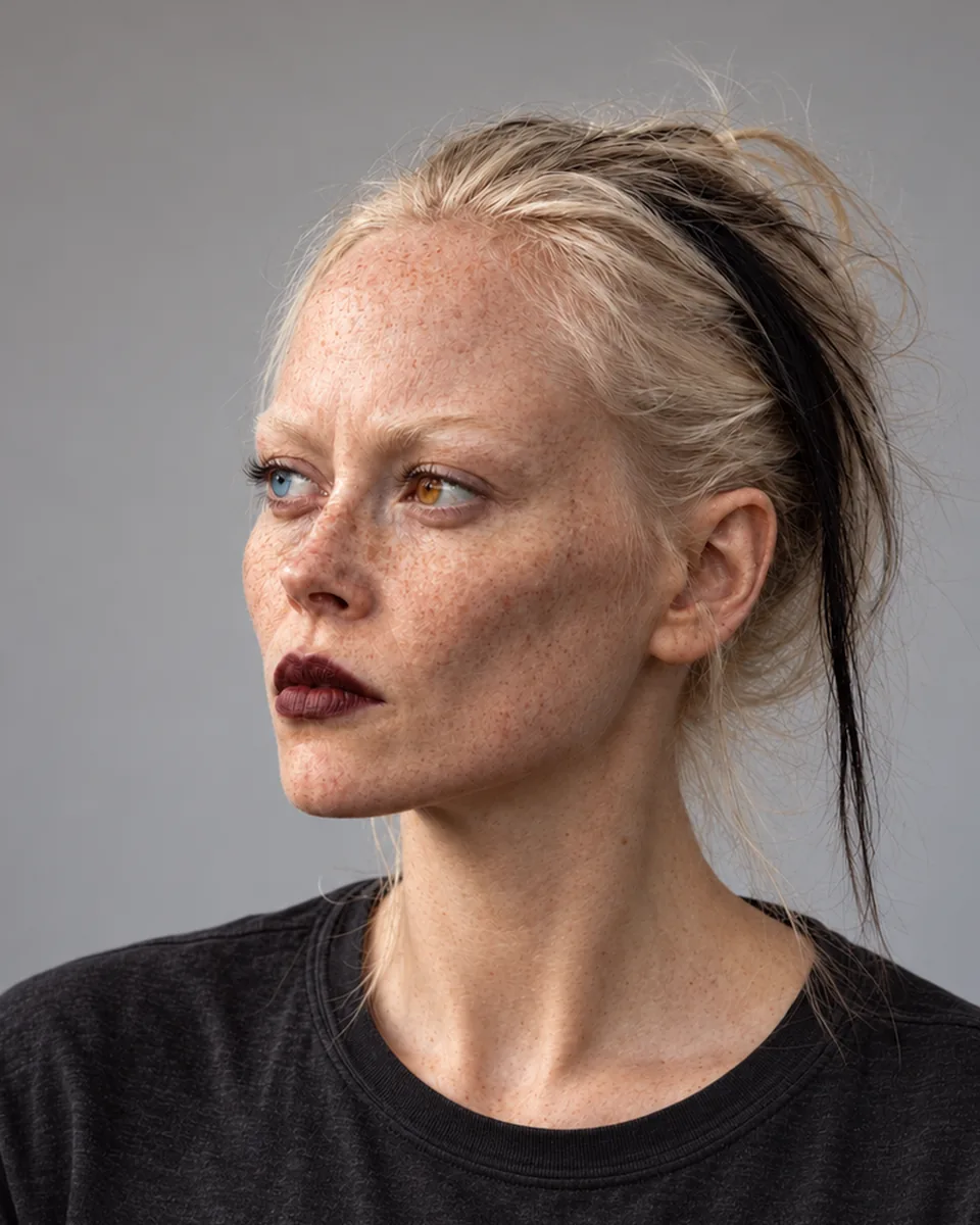 Head 3 rendered with the prompt “a pale woman in her thirties with platinum hair in a messy ponytail, freckles and dark red lipstick”